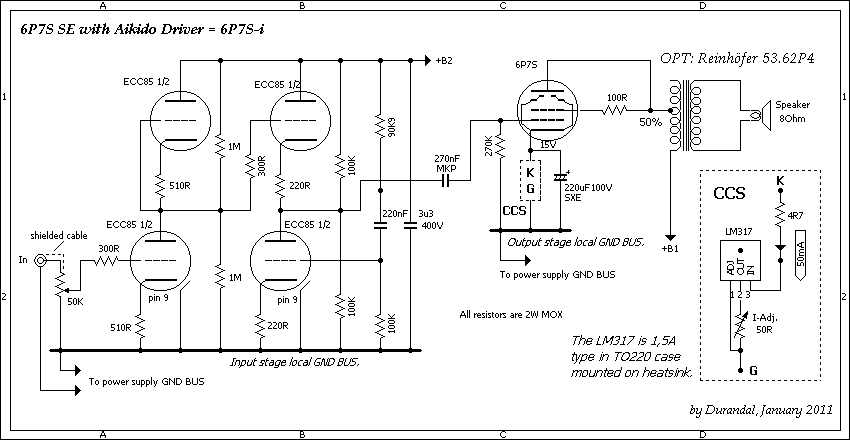 Schematic for 6P7S Single Ended Amplifier with Aikido Driver